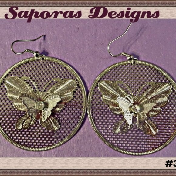 Silver Tone Dangle Round Circle Earring With Butterfly Design & Clear Crystal - Picture 1 of 1